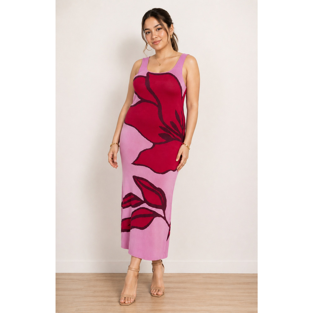 Eloquii Intarsia Stretch Knit Sweater Floral Column Dress Womens Size 18 20 Pink